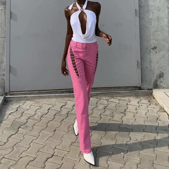 Pink Lace-Up Pants